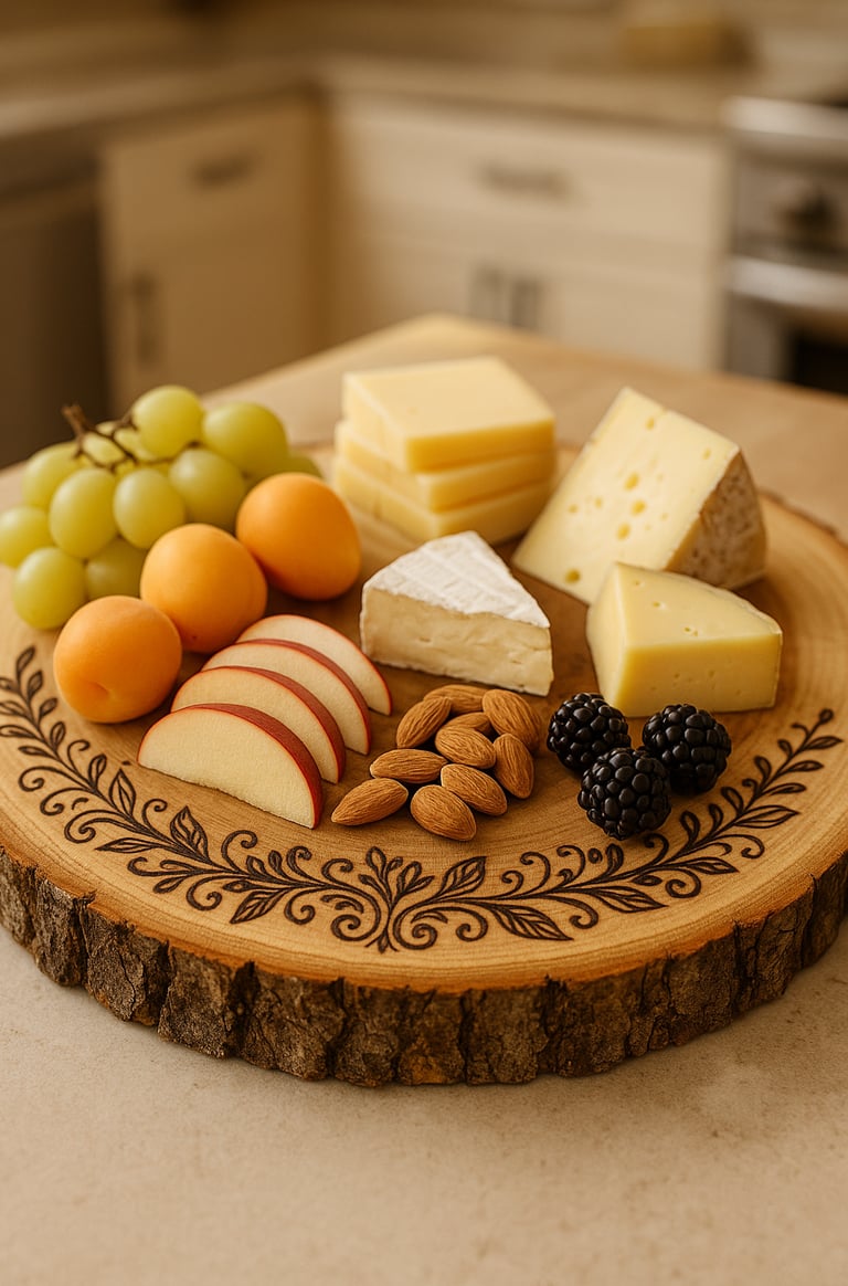 Rustic wood slice charcuterie board with decorative wood-burning, topped with cheeses, grapes,