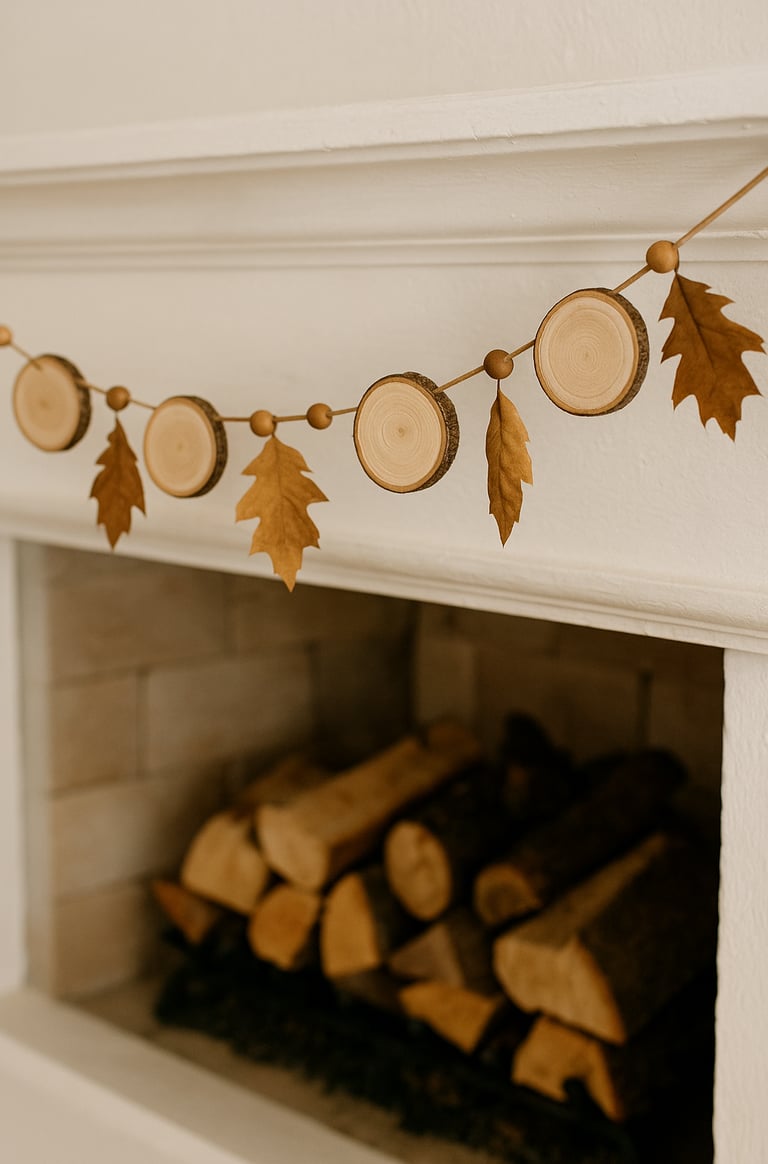 Rustic garland of wood slices, beads, and dried leaves strung across a white fireplace mantel