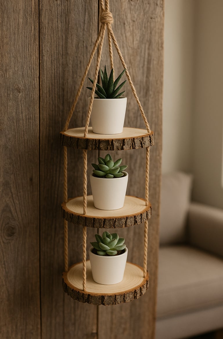 Three-tiered hanging shelf made of wood slices connected by jute rope