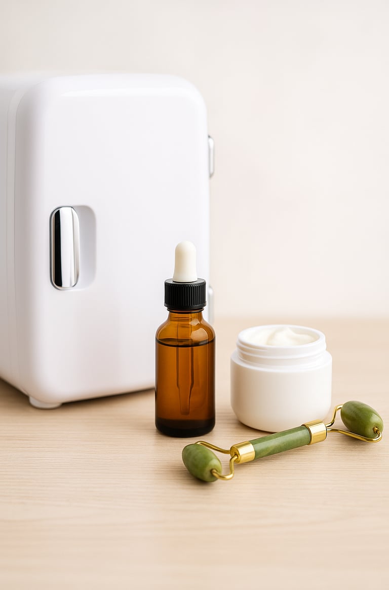 A white skincare fridge with moisturizer and retinol serum on a vanity table