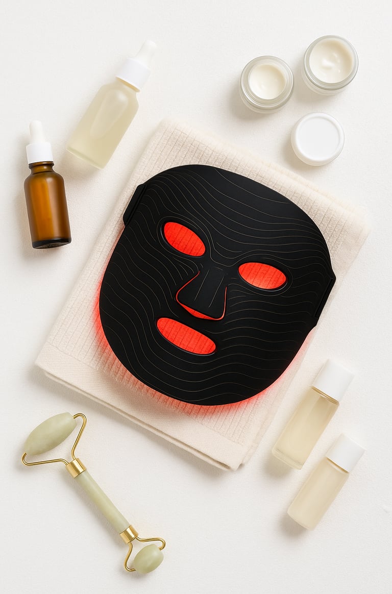 Red light therapy mask resting on a folded towel with skincare products and jade roller