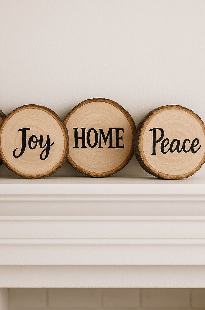 Four wood slices with bark edges, each painted with the words “Love,” “Joy,” “Home,” and “Peace
