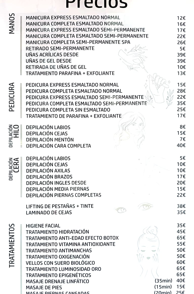 Menu of beauty salon service prices for manicures, pedicures, waxing, and facial treatments in Spanish.