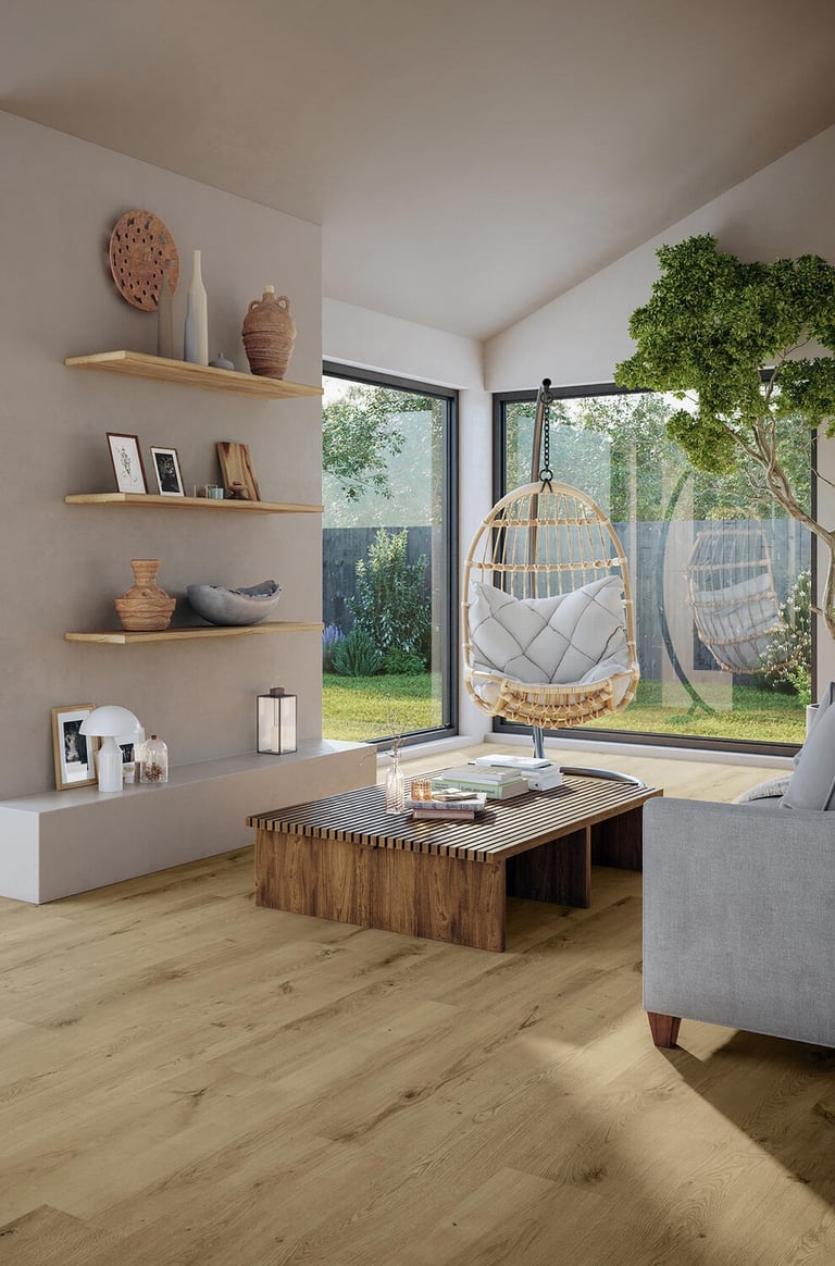 a living room with a chair and a chair