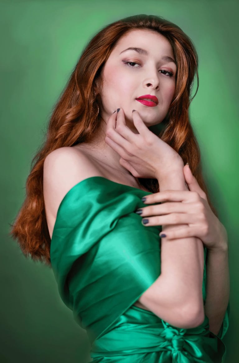 Painterly photo of a Turkish women with red hair and brown eyes in a green dress with a red lipstick