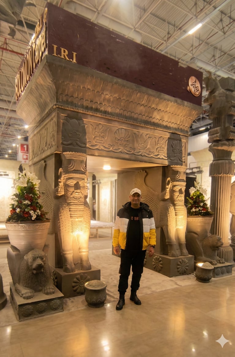 Custom designed exhibition stand with historical architecture and statues at an international trade 