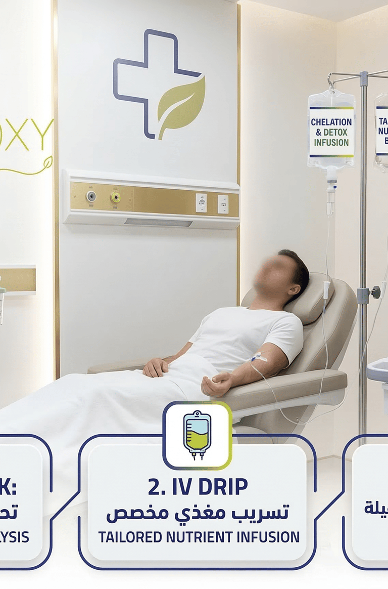 Patient receiving IV drip and chelation therapy at Kemetoxy Clinic for heavy metal detox and mineral analysis.