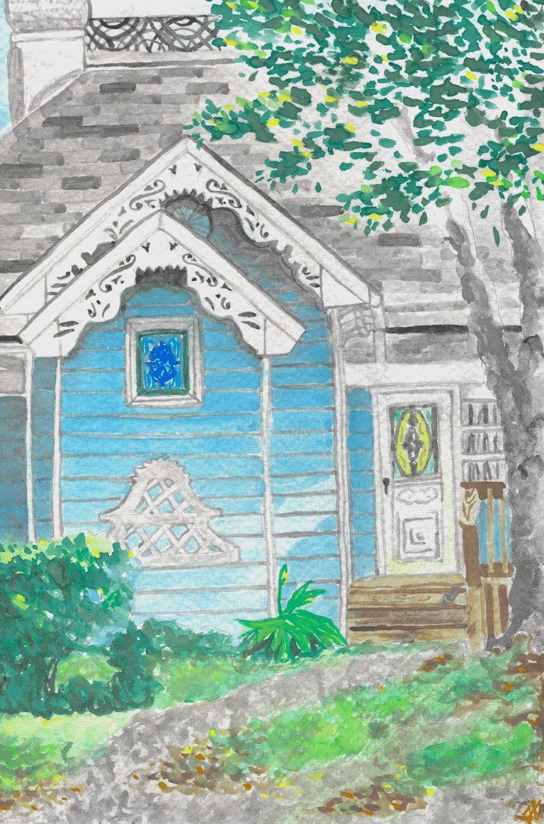 watercolor painting of a blue victorian house