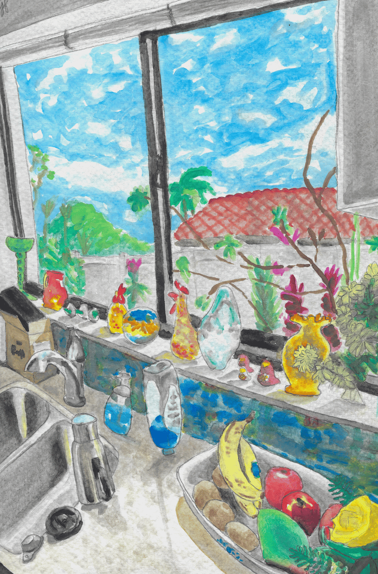 watercolor painting of kitchen sink