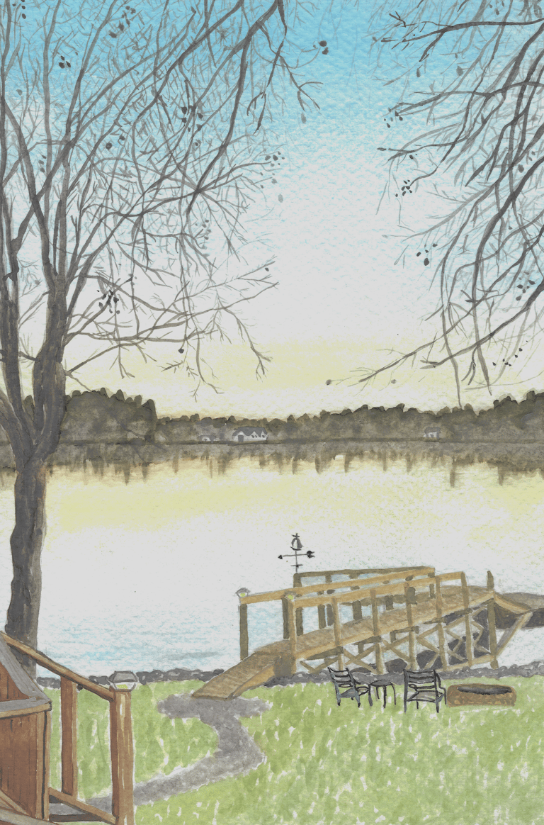 watercolor painting of a sunset on a lake