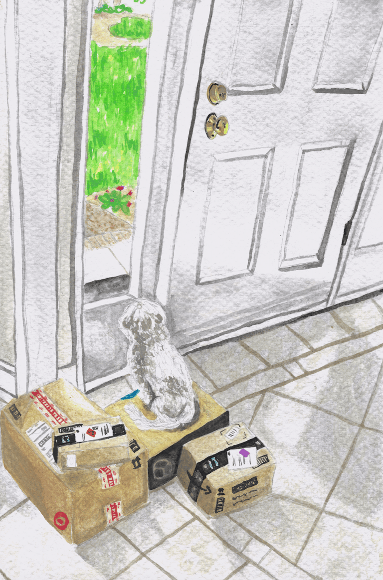 watercolor painting of dog sitting by a door on sitting on a box