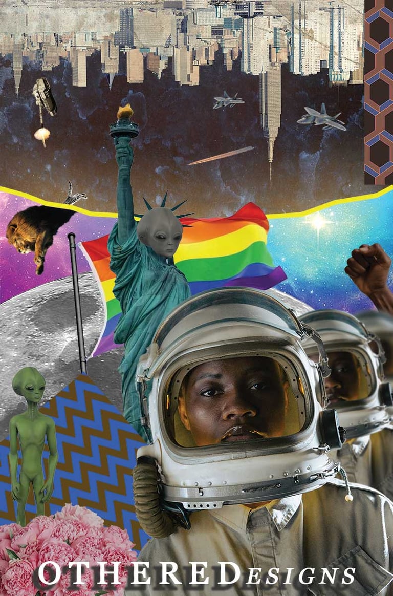 Surreal collage with aliens, astronauts, rainbow flag, NYC skyline, and the Statue of Liberty.