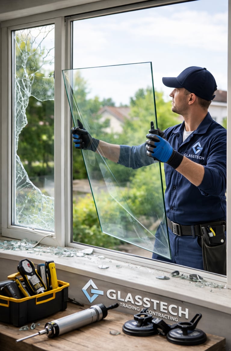 Professional glazier installing a new glass pane to repair a broken window frame. in Qatar
