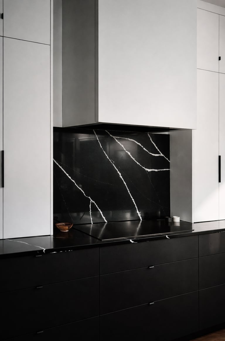 black quartz surface with white veining in a minimal kitchen, focus on material and light reflection