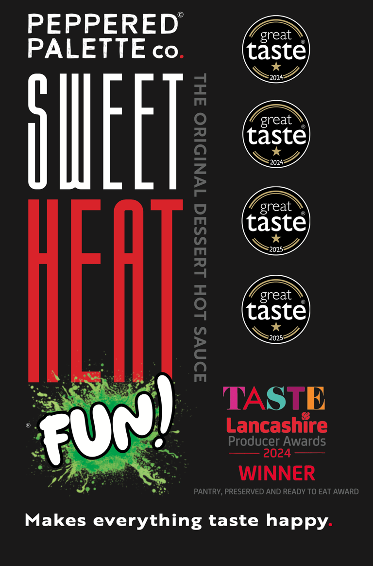 Banner of Peppered Palette Co. & Sweet Heat Fun! Makes everything happy, Great Taste Awards x4