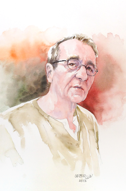 Portrait à l'aquarelle d'un homme âgé portant des lunettes, sur un fond aux tons doux et vaporeux.