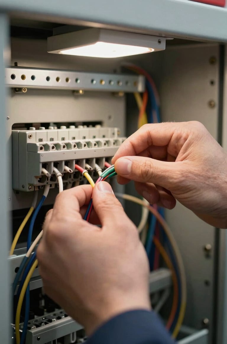 Extreme close-up of a technician's hands routing and terminating wires inside an open control panel enclosure, ring-type terminals visible, overhead shop light casting sharp shadows across the wire bundle, steel DIN rail in background