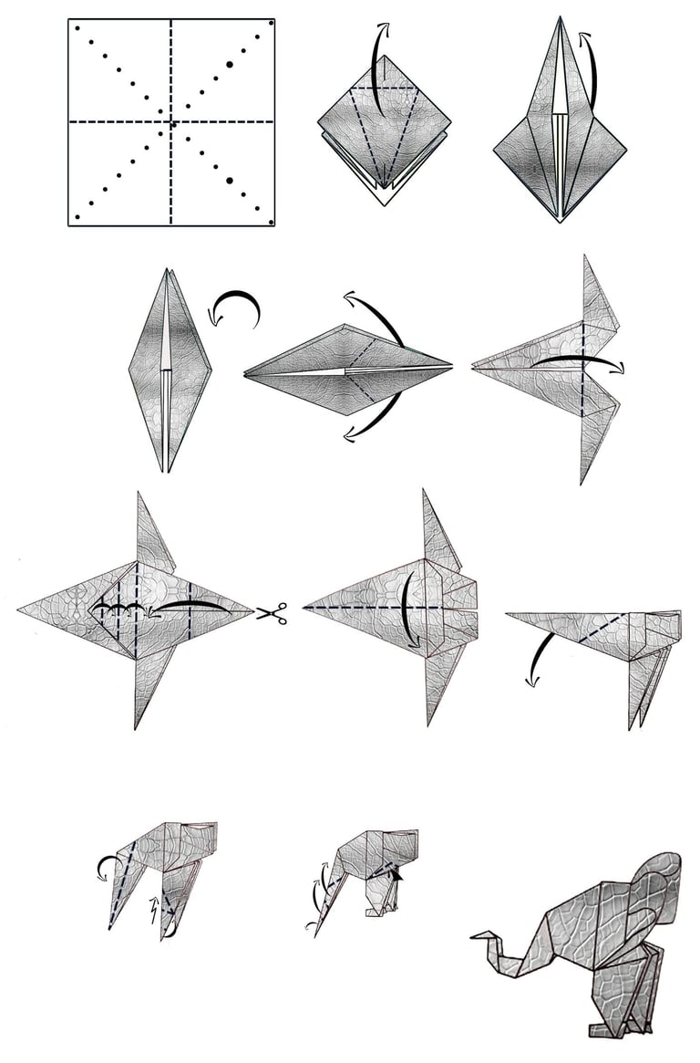 Istruzioni per creare una elefante in origami con la carta