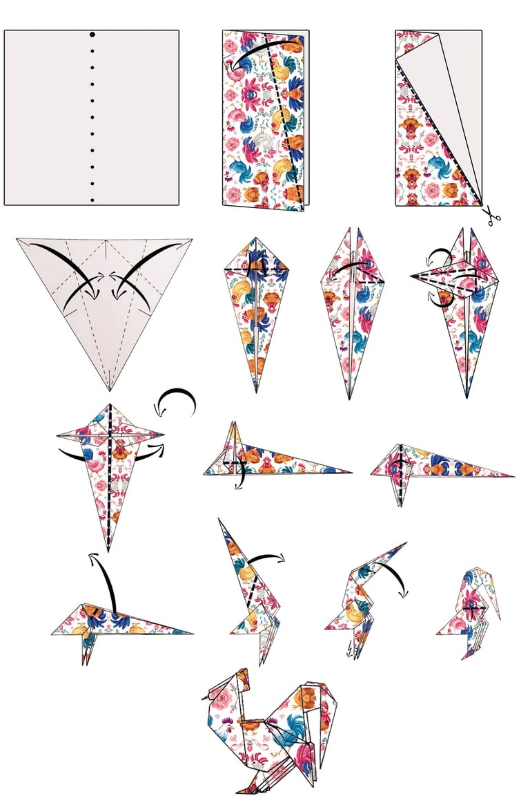 Istruzioni per creare il corpo di un gallo in origami con la carta