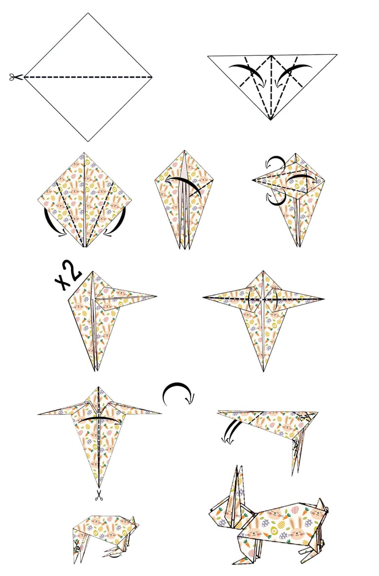 Istruzioni per creare il corpo di una lepre in origami con la carta
