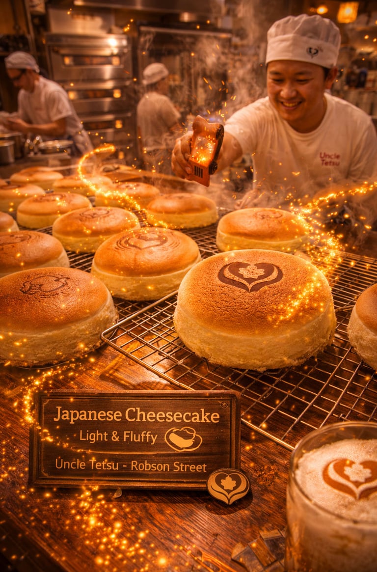 Freshly baked Japanese cheesecake at Uncle Tetsu bakery on Robson Street Vancouver