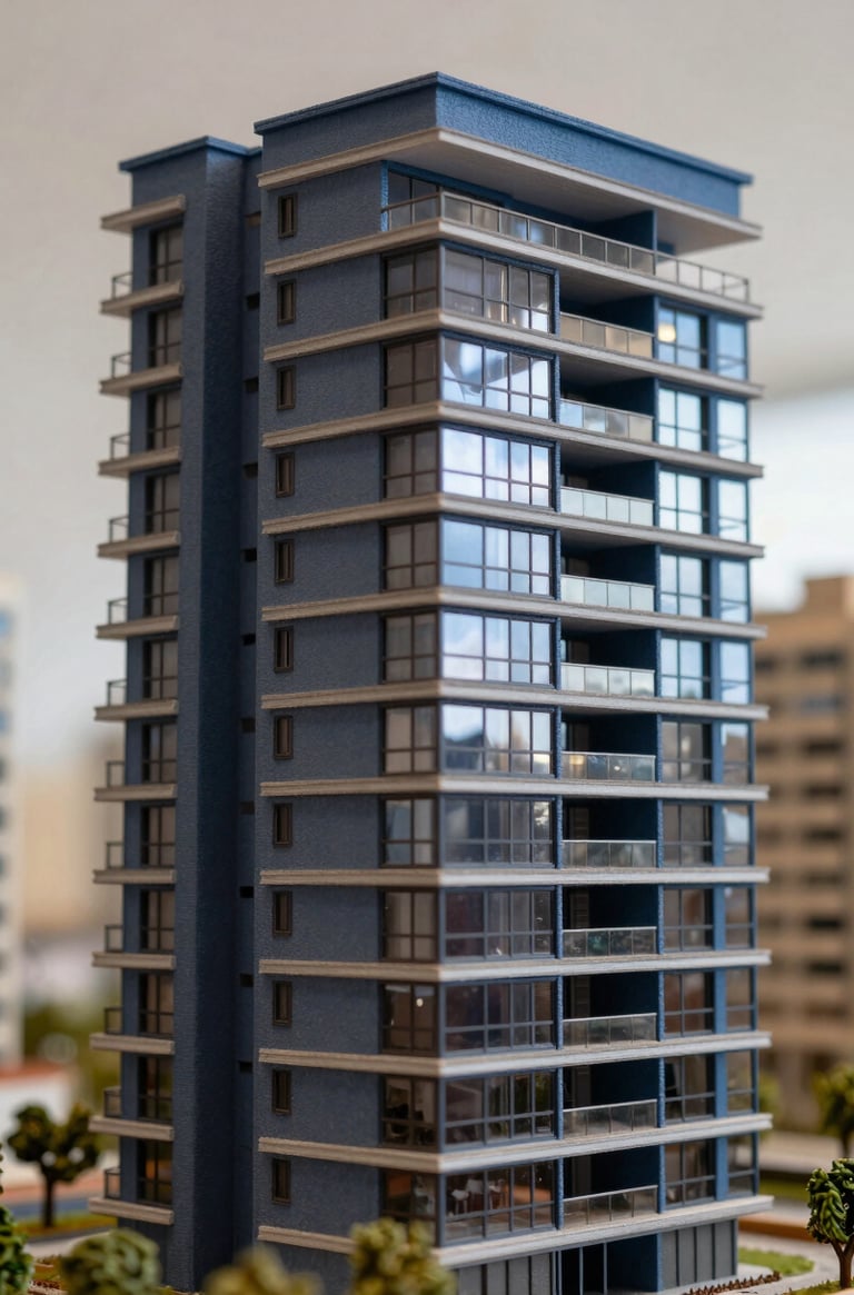Close up of a modern architectural model of a residential building, clean lines, professional lighting, reflecting a palette of dark navy and slate blue, South American / Brazilian urban context.