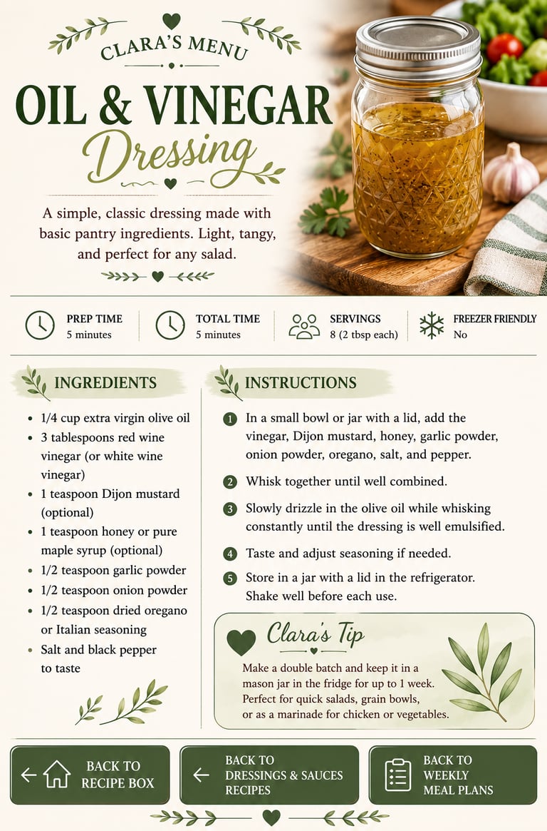 Homemade oil and vinegar salad dressing recipe card with ingredients and step-by-step instructions.