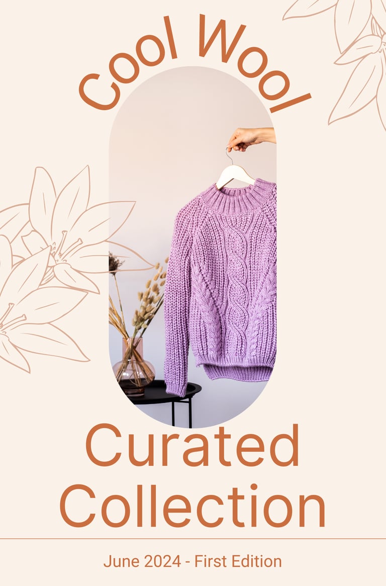 An image of a knitted jumper being held by a hand on a hanger. With the words Cool Wool Curated Coll