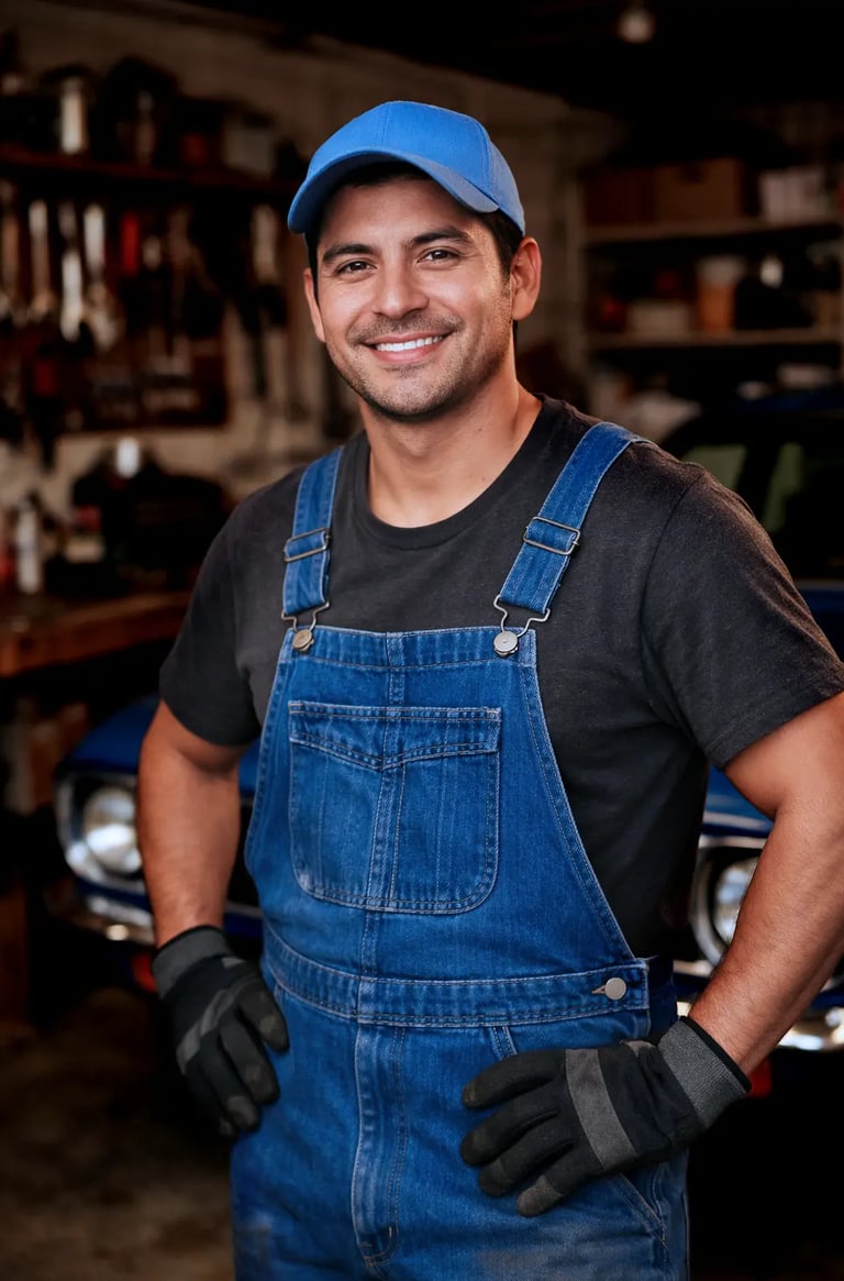 Meccanico sorridente in officina, personalità Hulemex ispirata all’uomo comune vicino alle persone.