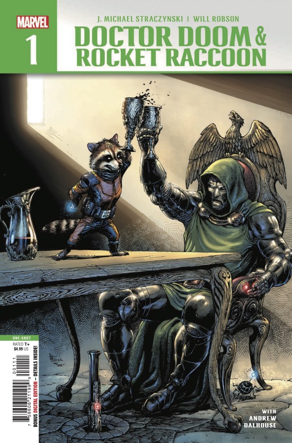 a comic book cover of doctor doom and rocket raccon