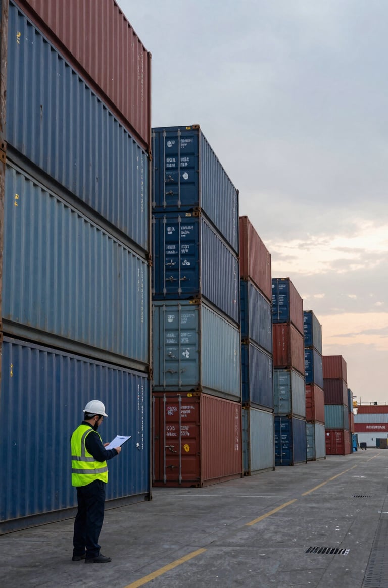 Wide environmental shot looking down a container terminal at dusk, stacked shipping containers receding into the distance left-to-right, a lone trade inspector in high-visibility vest reviewing a manifest in the left foreground, overcast natural light, no text or signage visible