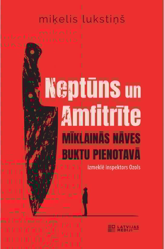 Neptūns un Amfitrīte grāmatas vāks ar nosaukumu, nazi un inspektora siluetu
