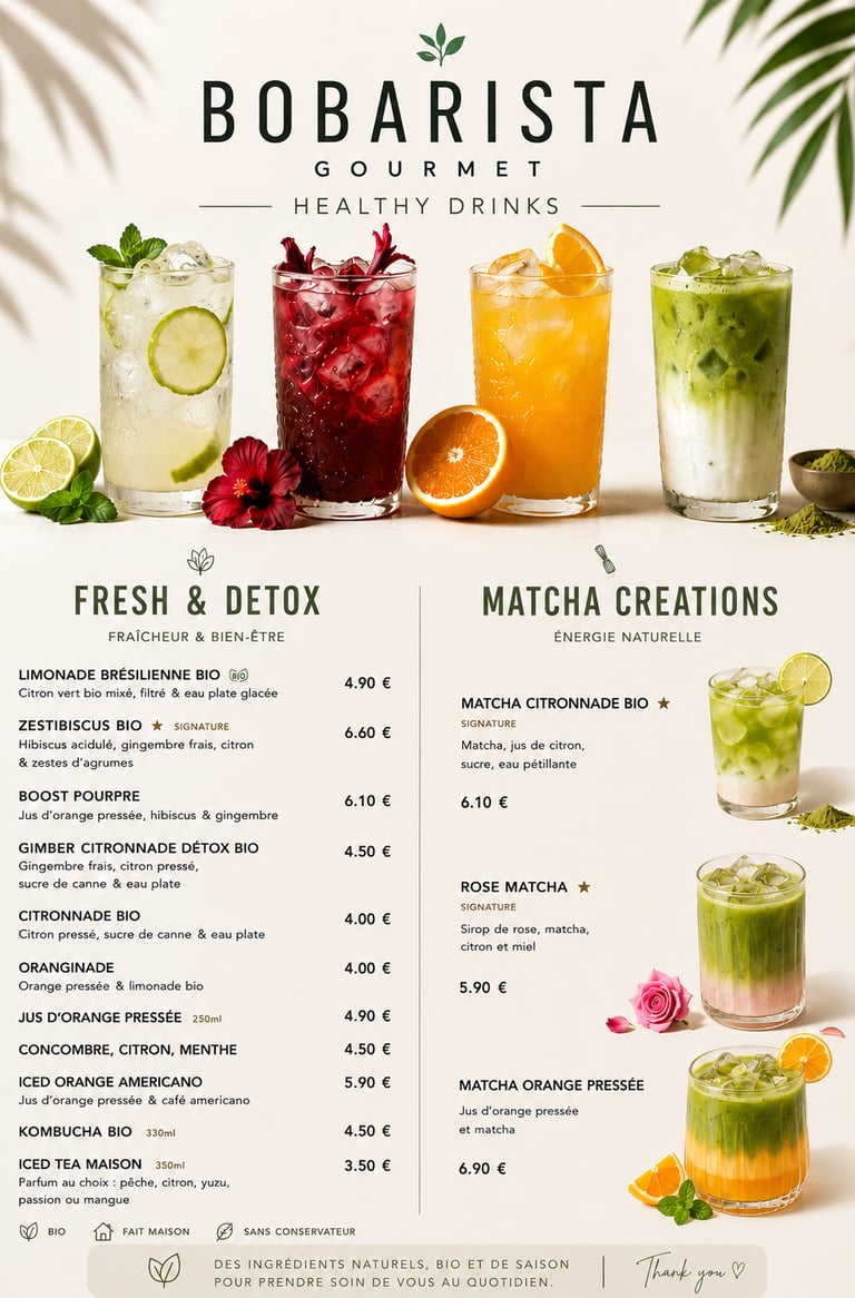 Bobarista menu featuring gourmet healthy drinks like organic lemonade, matcha creations, and detox juices.