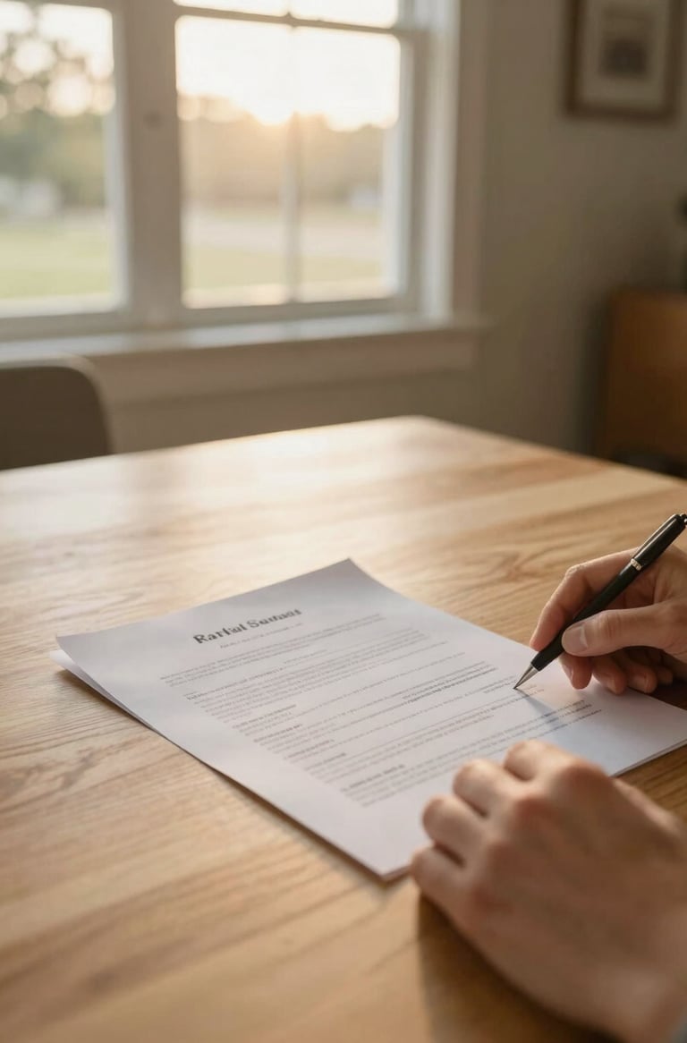 Close-up of hands reviewing clean real estate paperwork on a light oak table, sunlit North Texas home interior, soft golden-hour light