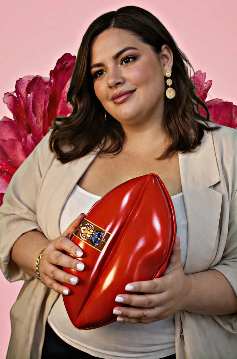 Woman holding REYAMUR VIP Kiss red leather bag