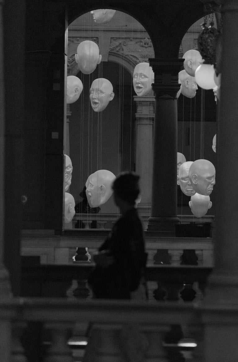 "No Laughing Matter" - Floating Heads installation. Kelvingrove Museum, Glasgow, Scotland