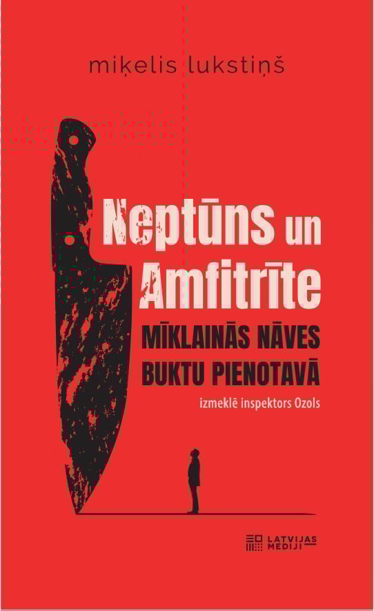 Neptūns un Amfitrīte grāmatas vāks ar nosaukumu, nazi un inspektora siluetu