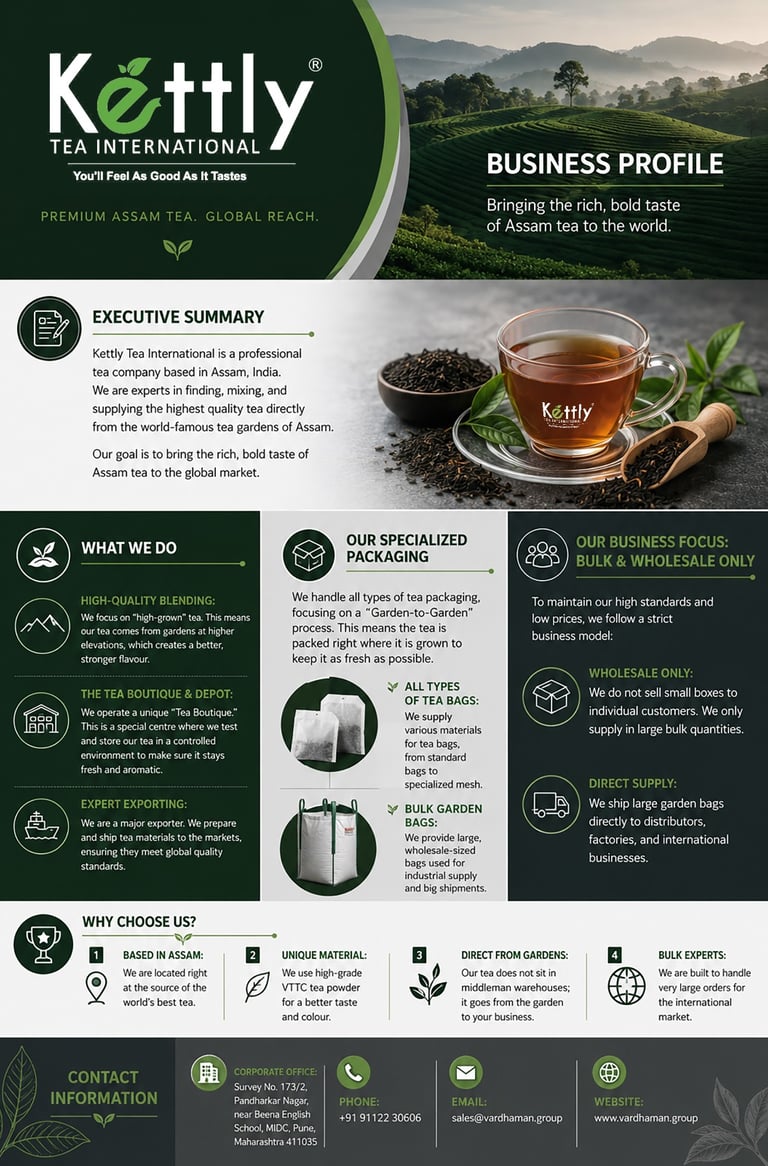 Kettly Tea International business profile flyer featuring Assam tea details, wholesale services, and contact information.