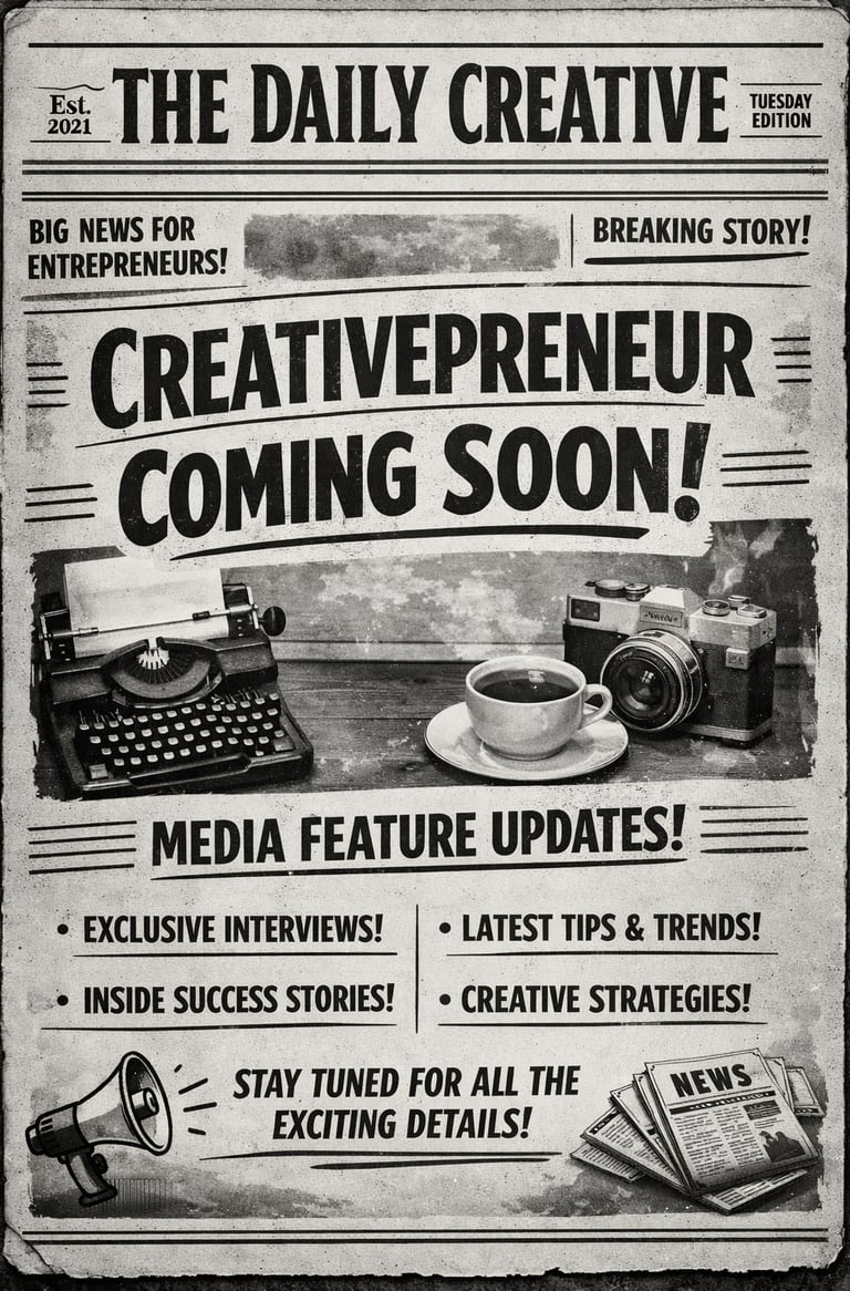 Vintage newspaper flyer for entrepreneurs featuring a typewriter, coffee cup, and camera on a desk.