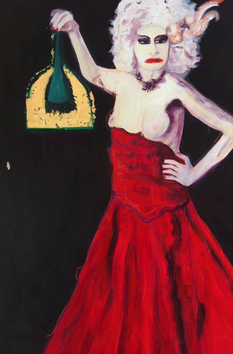 Expressive acrylic painting of a cabaret performer in a red dress holding a green Hand broom