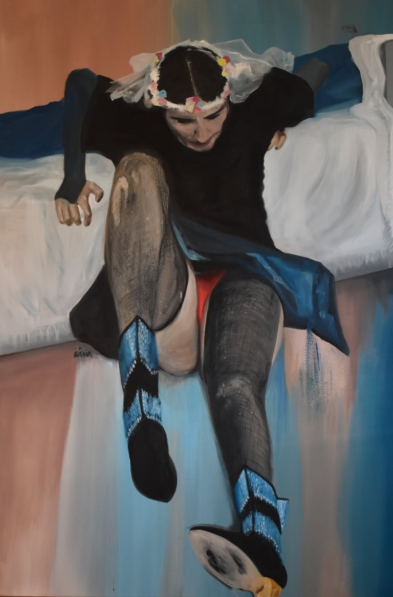 Oil painting of a person in a floral crown and blue boots sitting on a white mattress.