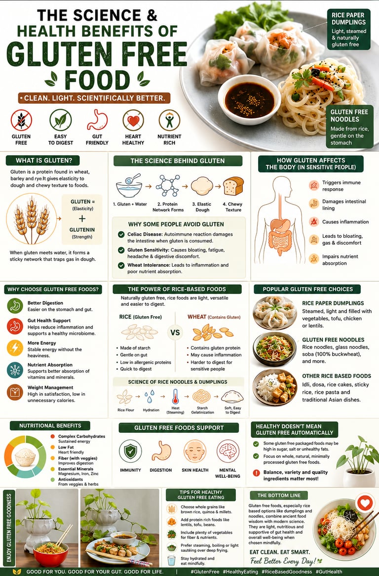 Infographic about science and health benefits of gluten free food including rice paper dumplings and noodles.