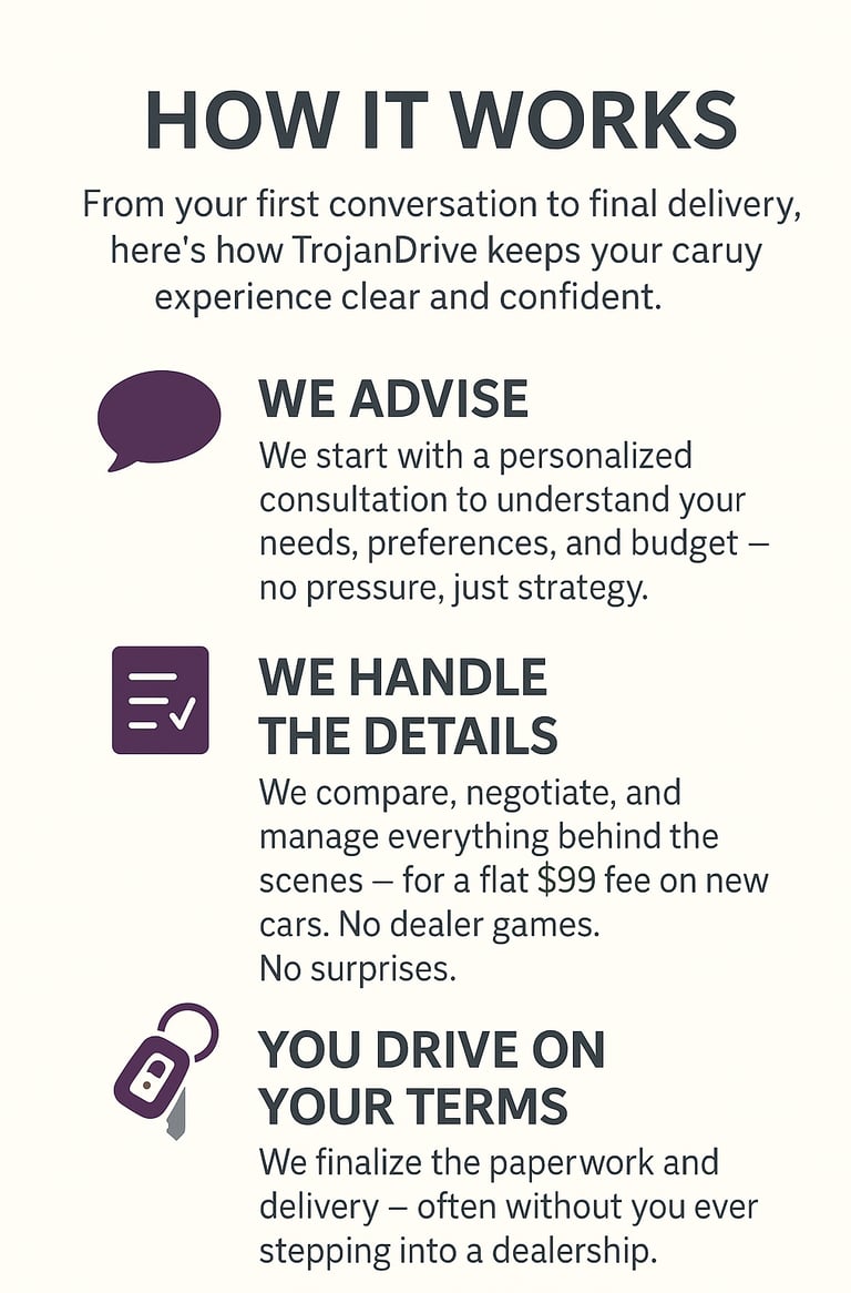 How TrojanGraphic titled ‘How It Works’ showing the TrojanDrive process in three steps: 'We Advise'