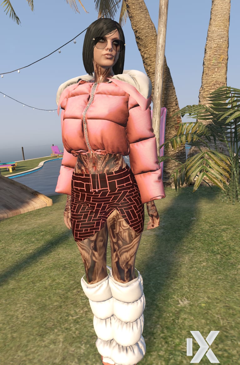 a woman in a pink outfit is standing in the grass