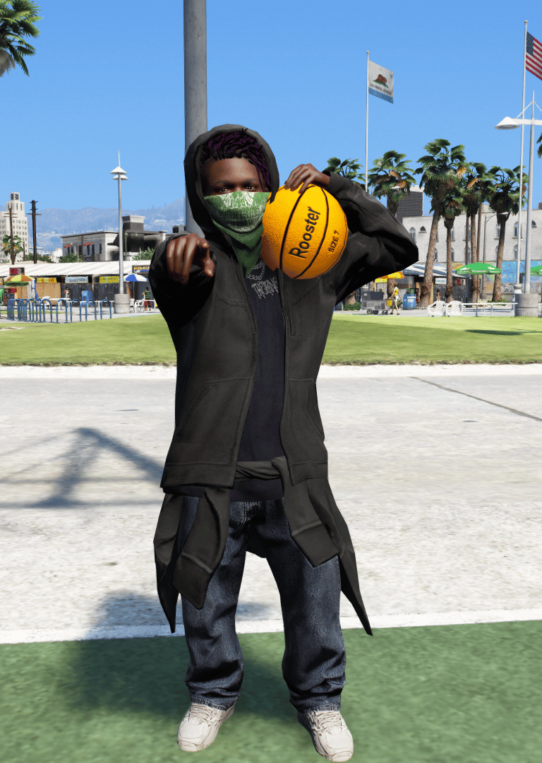 Small GTA5 ped character holding a basketball