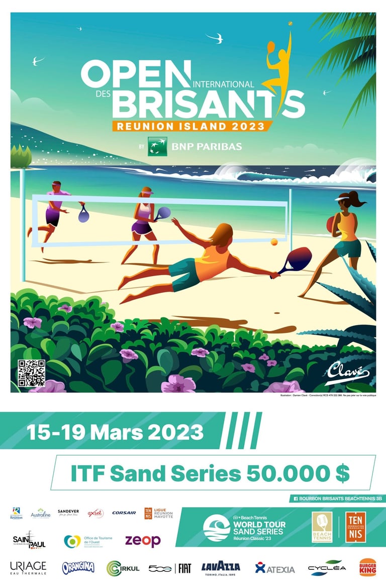 Affice de l'Edition 2023 de l'Open des Brisants de Beach Tennis, réalisé par Damien Clavé.