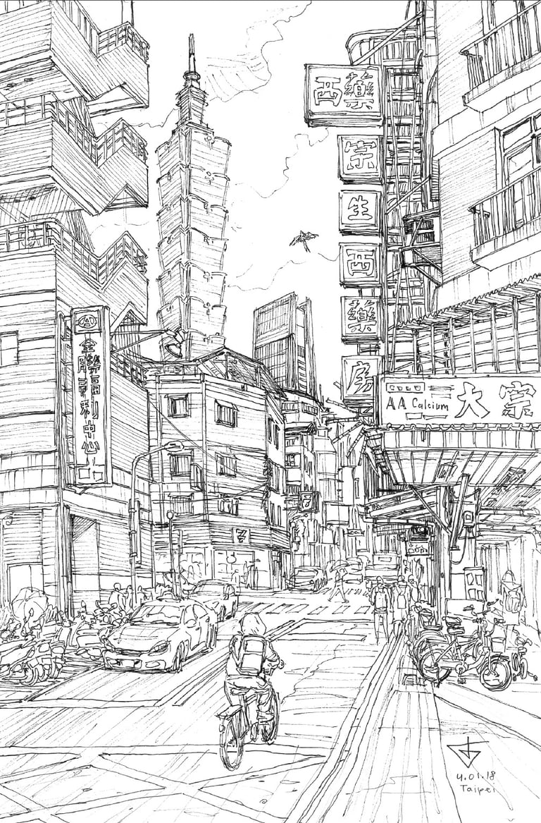 Urban sketch by Evgeny Bondarenko in Taipei