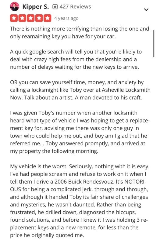 Screenshot of a five-star car key replacement review for Asheville Locksmith Now