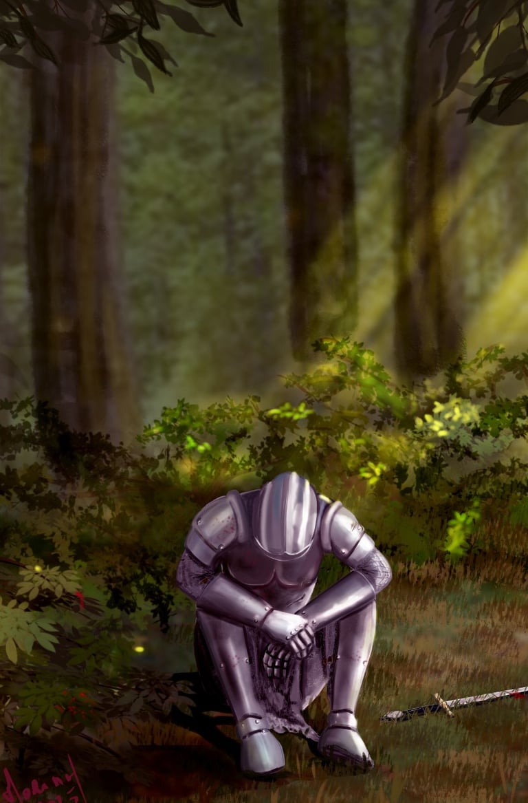 armoured knight sitting in the forest, exhausted