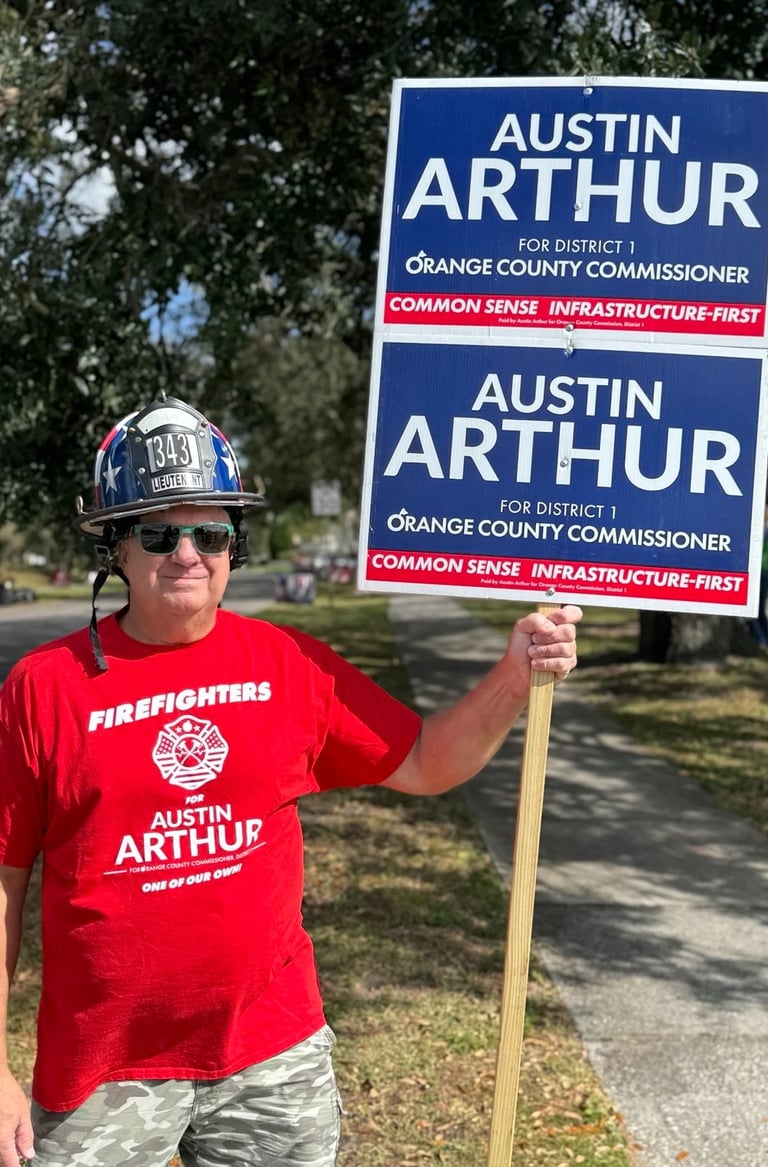 Austin Arthur with firefighters endorsing his integrity and public safety leadership in Oakland and 